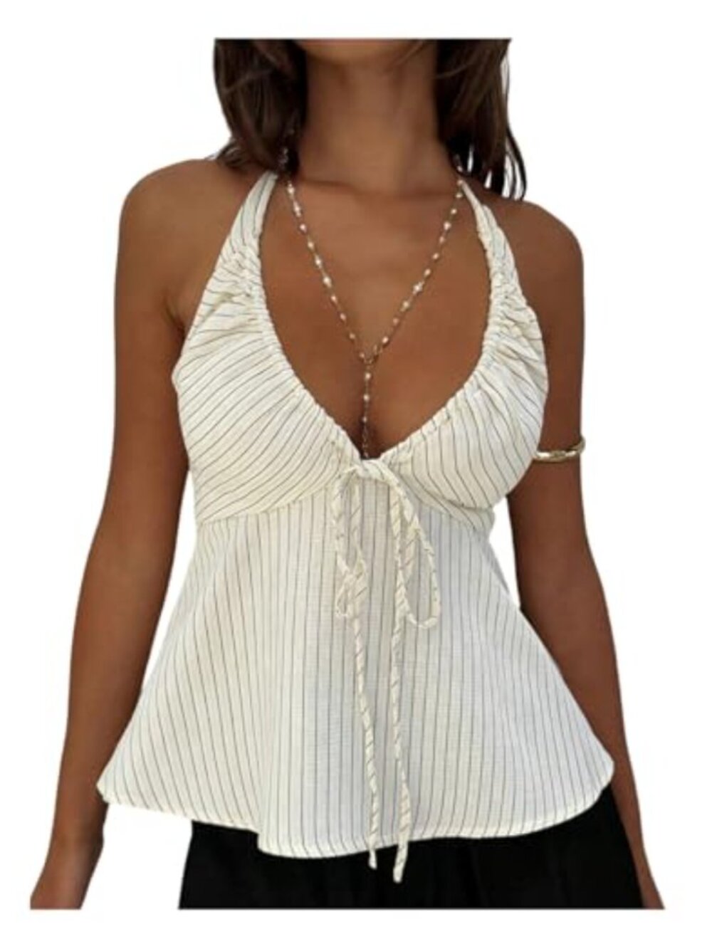 Striped Ruffle Halter Tank Top Tie Back Peplum Sleeveless Summer Festival